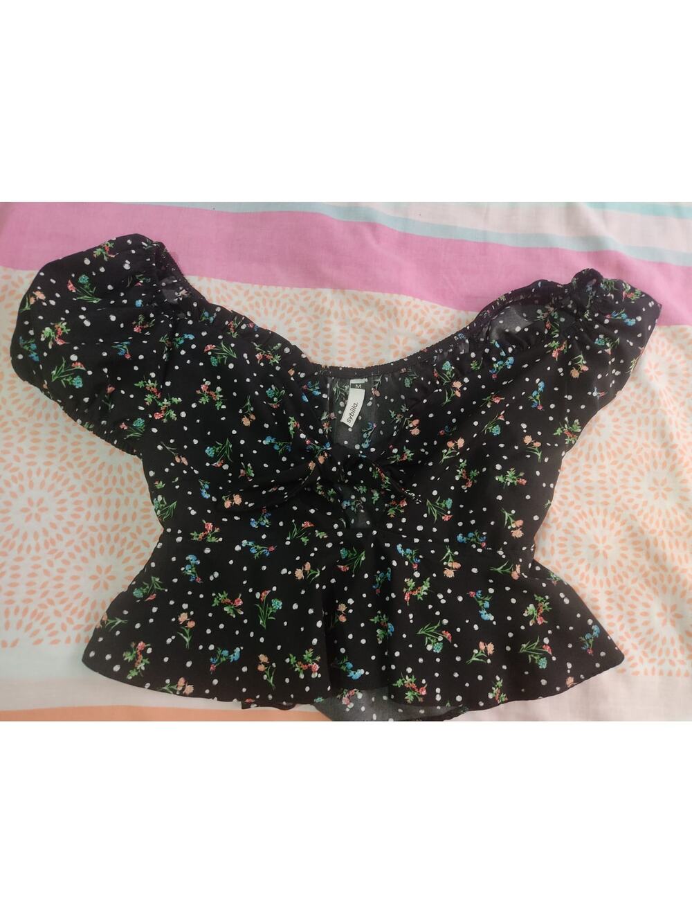 Charming Sybilla Black Blouse with Red Floral Accents, Size M
